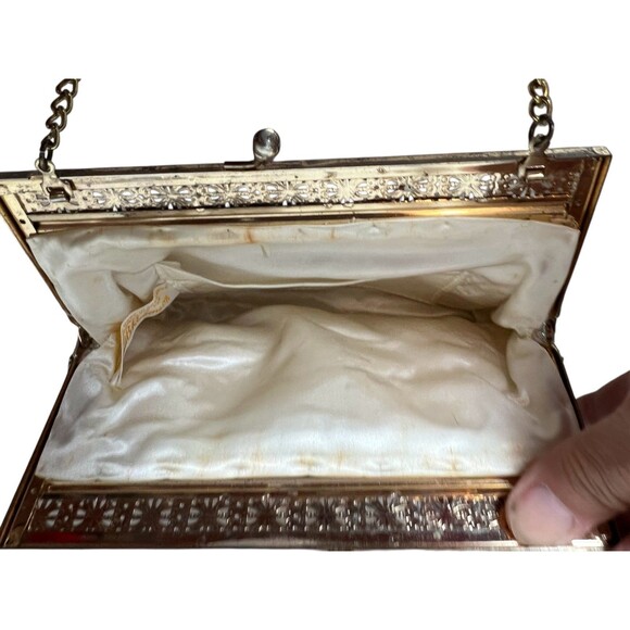 Ed B. Robinson Vintage White & Gold Beaded Evening Hinged Clutch w Chain Strap - Picture 7 of 10